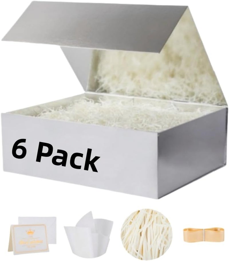 UoeRing 6 Pack Silver Gift Box 11.5x8x4 inch Luxury Gift Box for Presents with Magnetic Lid Collapsible,Bridesmaid Proposal,Contains Card, Ribbon, Tissue Paper,Shredded Paper Fille - Image 1